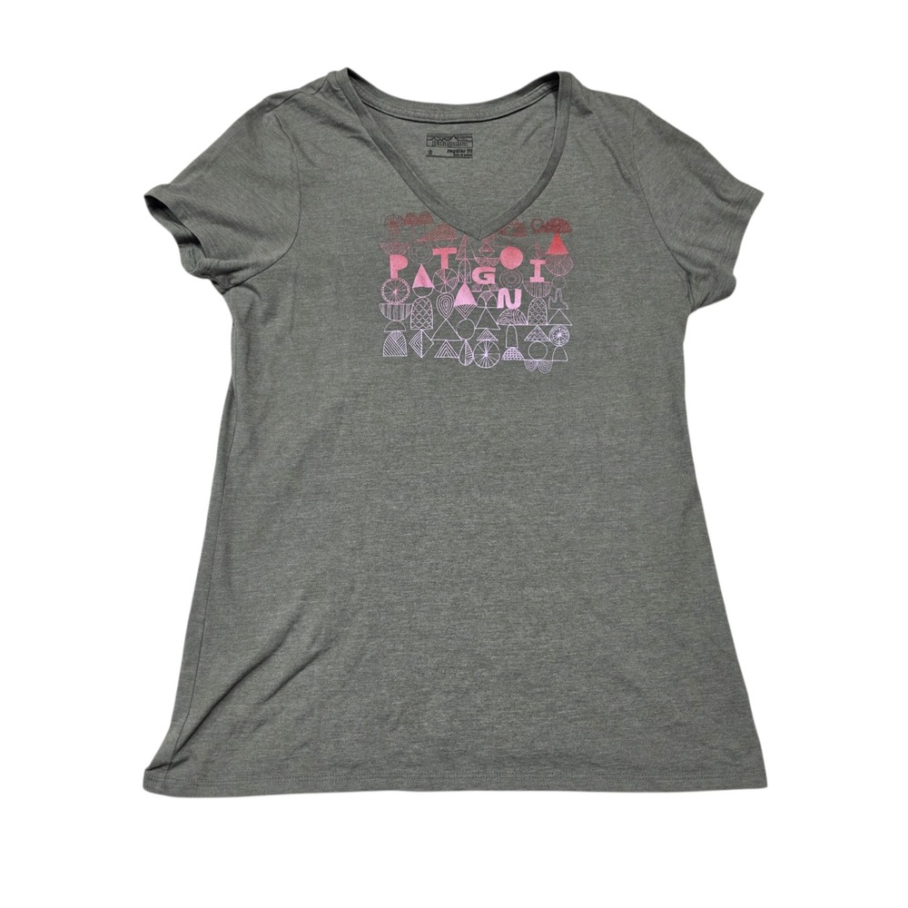 Patagonia Grey V Neck T Shirt Graphic Print Short Sleeve‎ Women's Size Small